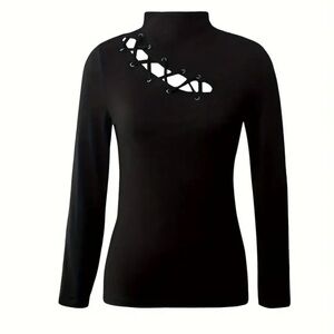 Woman’s Cross Front Mock Neck T-Shirt with Cutout Detail - Long Sleeve